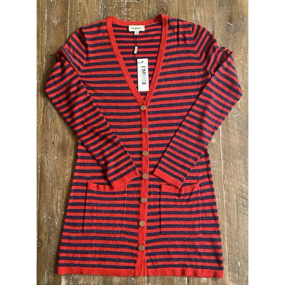NWT L'AGENCE Cardigan Womens XS Holland Shimmer Red Navy Stripes - Picture 5 of 10